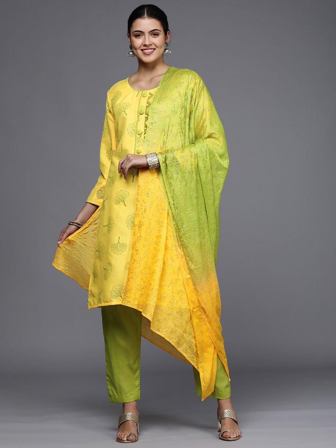 mitera yellow & green printed unstitched dress material
