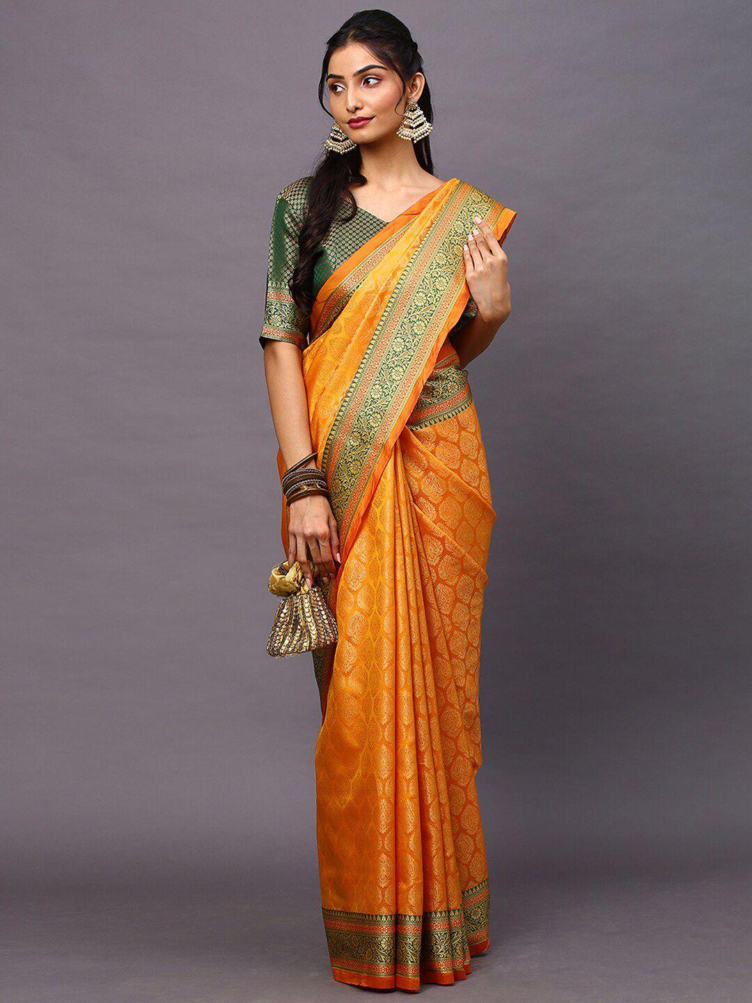 mitera yellow & green woven design zari silk blend banarasi saree