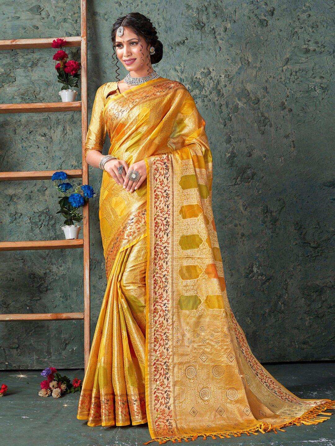 mitera yellow & green woven design zari silk blend saree