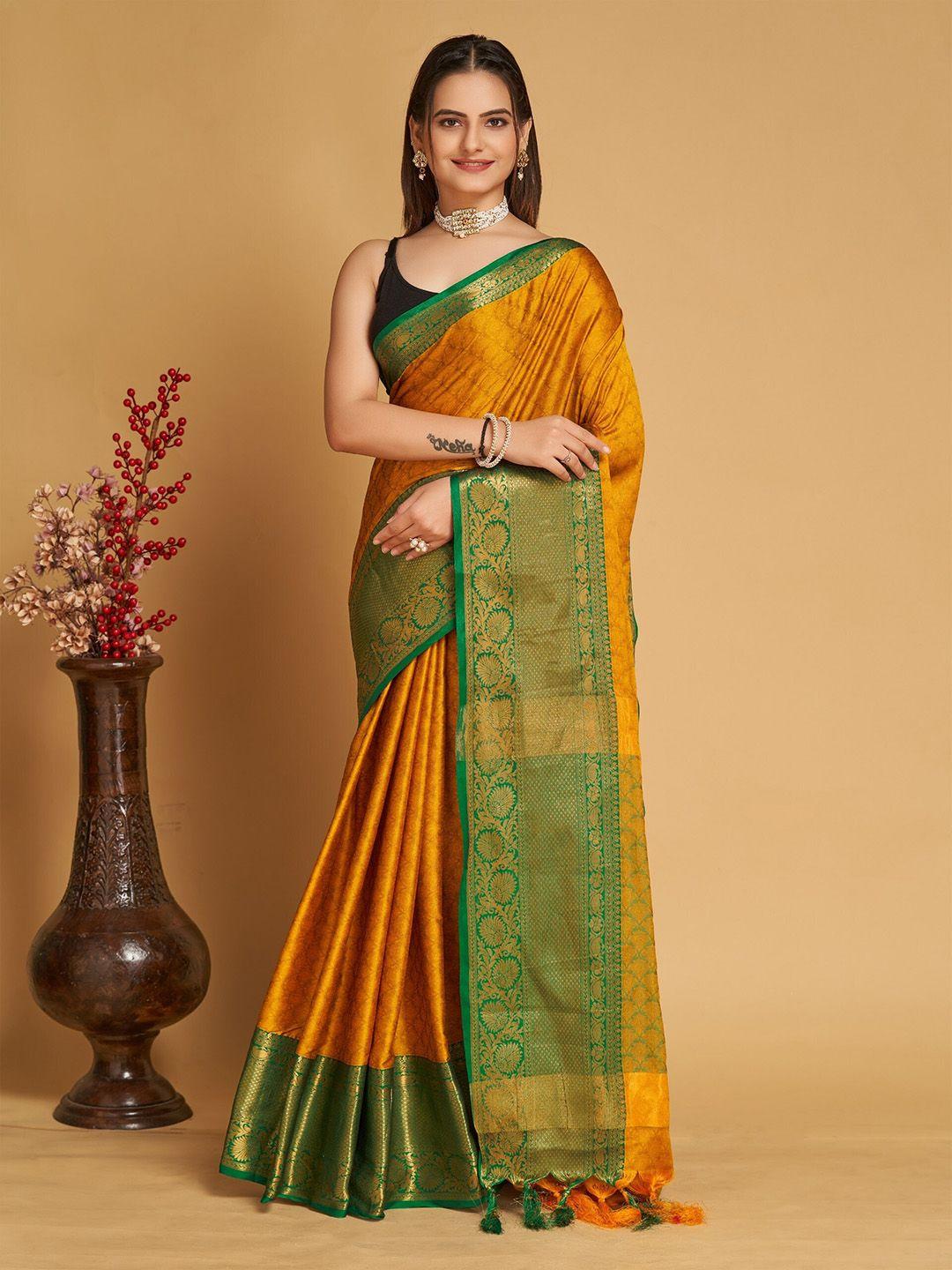 mitera yellow & green woven design zari silk cotton banarasi saree