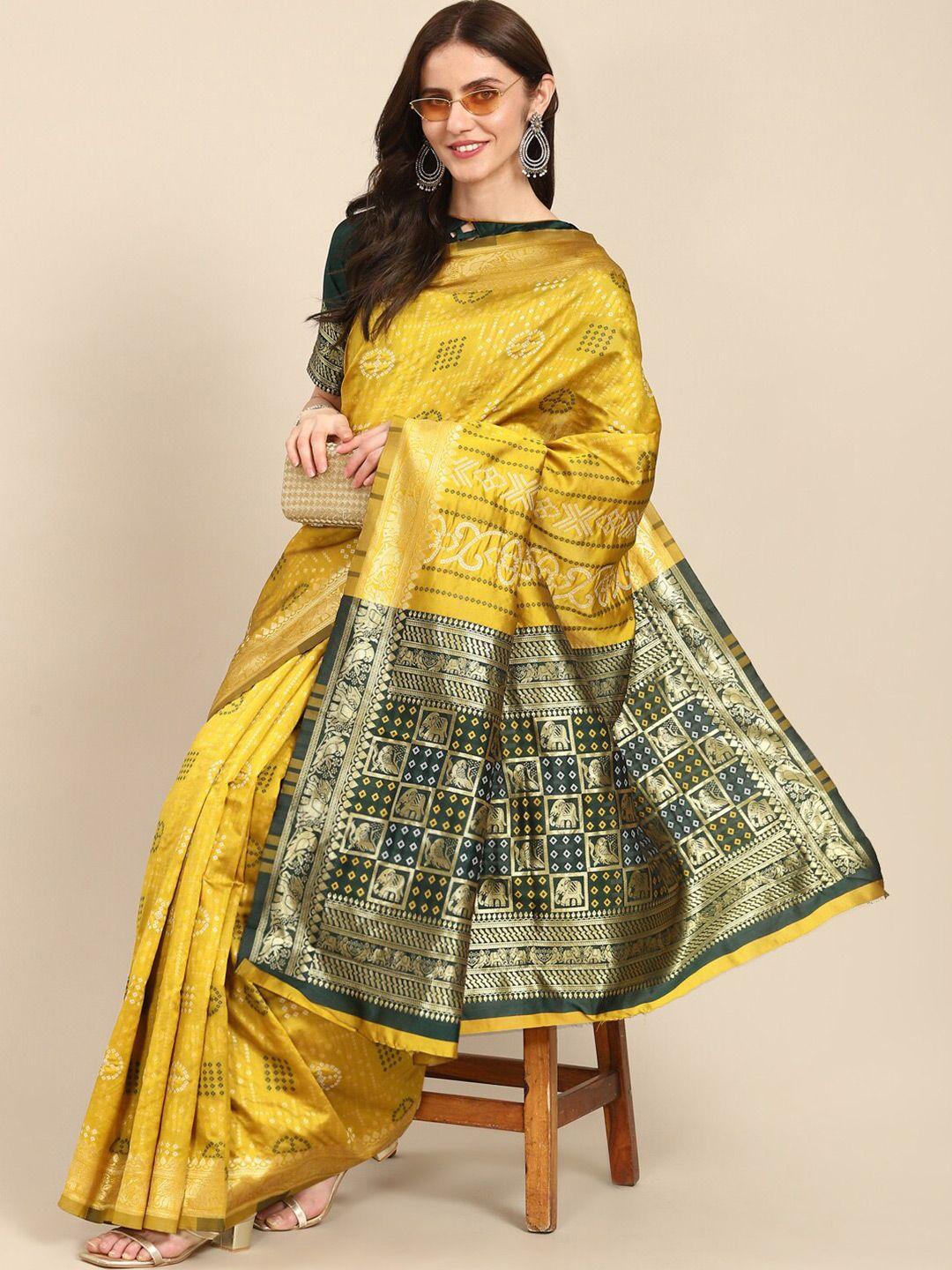 mitera yellow & grey bandhani woven design zari silk cotton bandhani saree