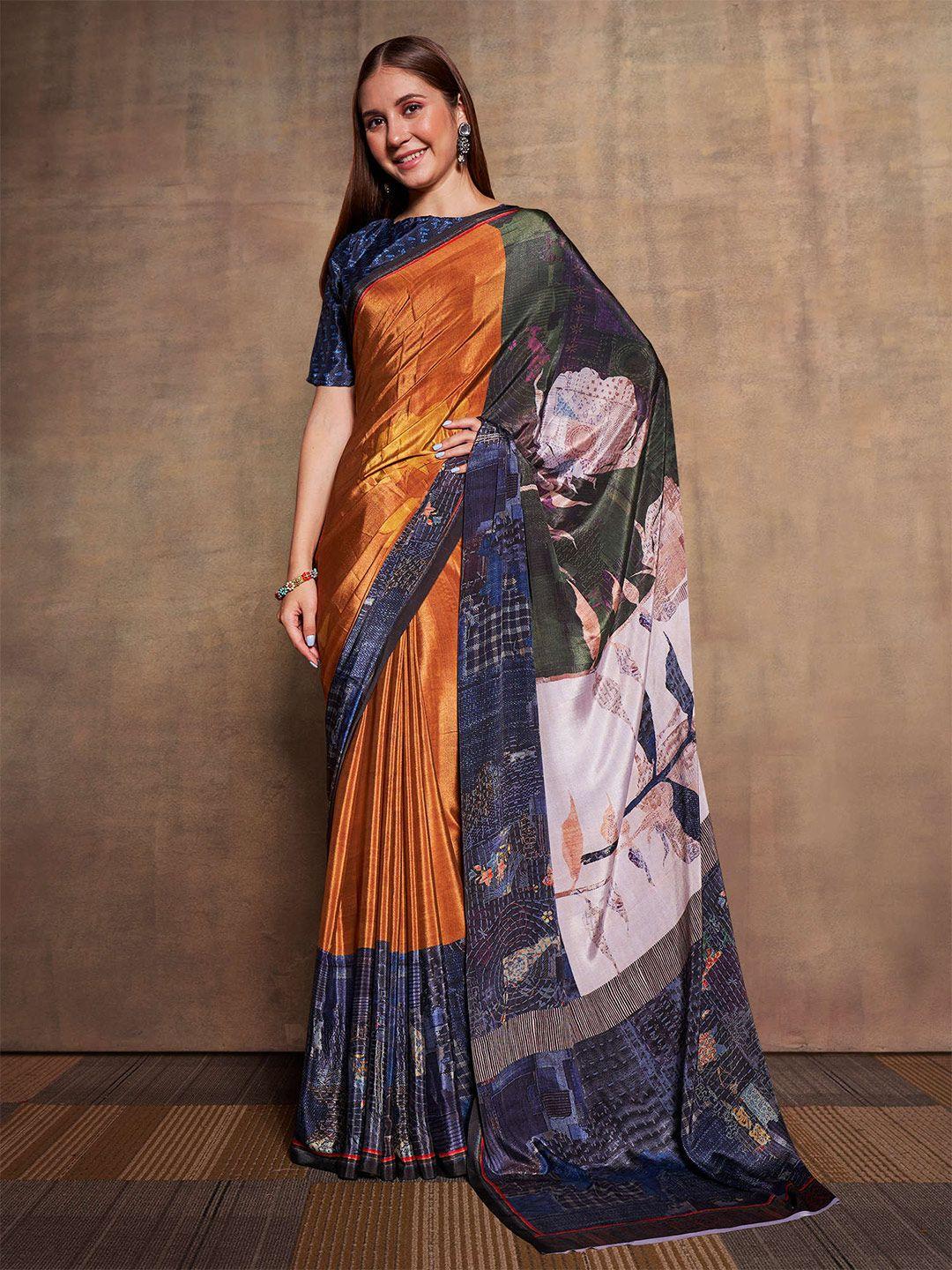 mitera yellow & navy blue floral pure silk saree