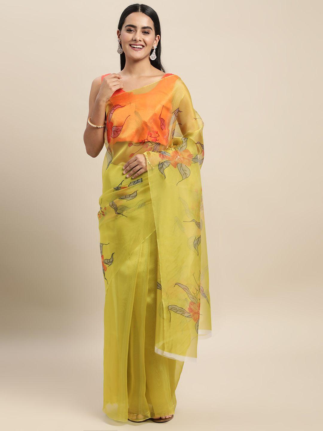 mitera yellow & orange floral organza saree