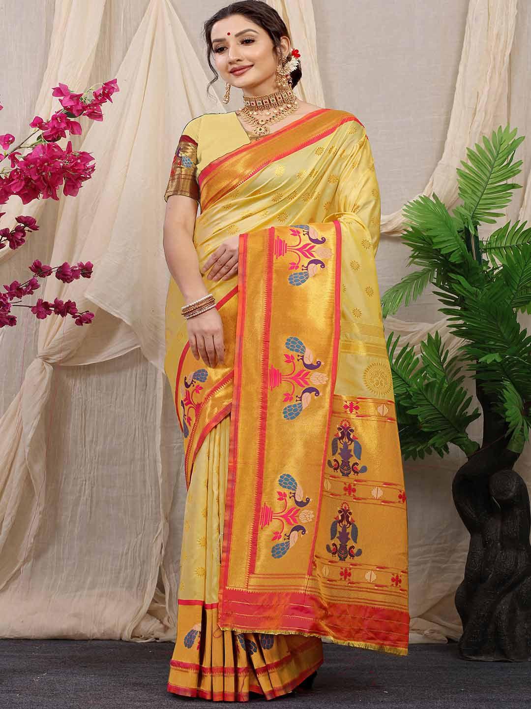 mitera yellow & orange woven design zari art silk saree