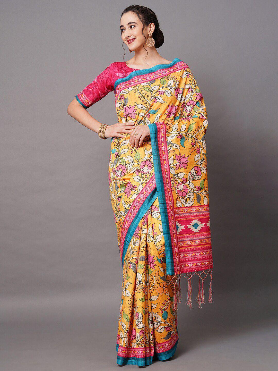 mitera yellow & pink art silk floral printed saree