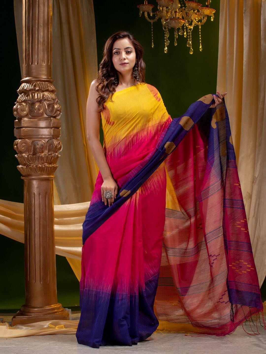 mitera yellow & pink paisley silk cotton saree