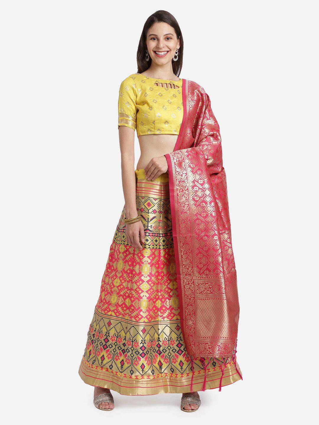 mitera yellow & pink semi-stitched lehenga & unstitched blouse with dupatta