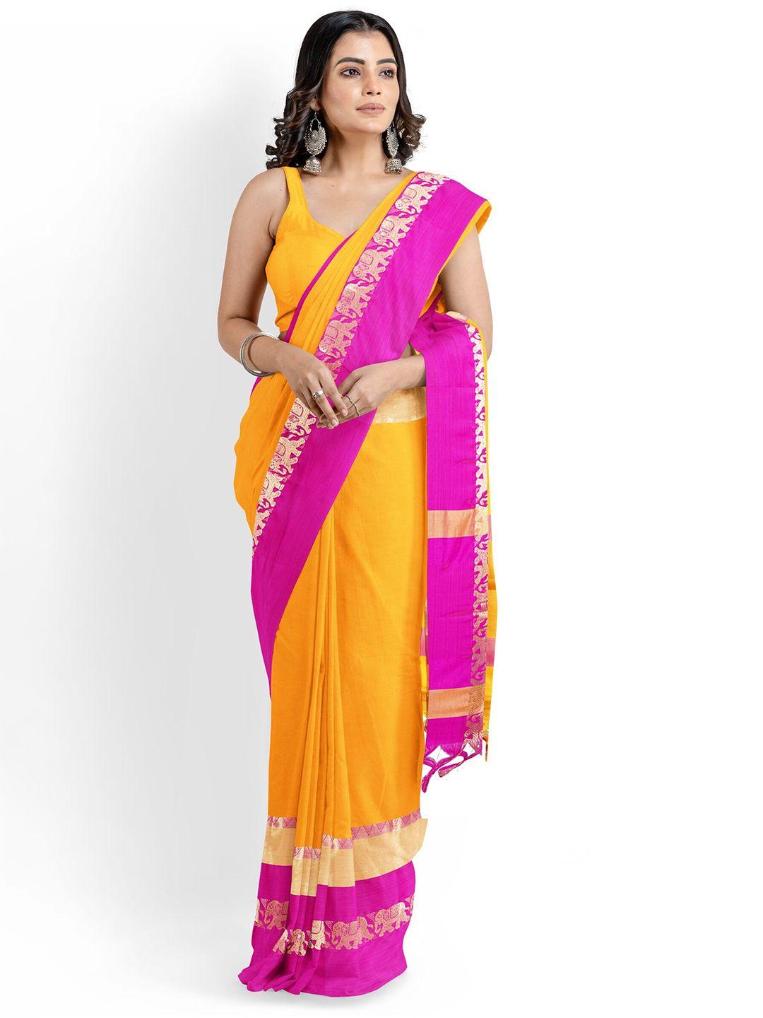 mitera yellow & pink zari silk cotton banarasi saree