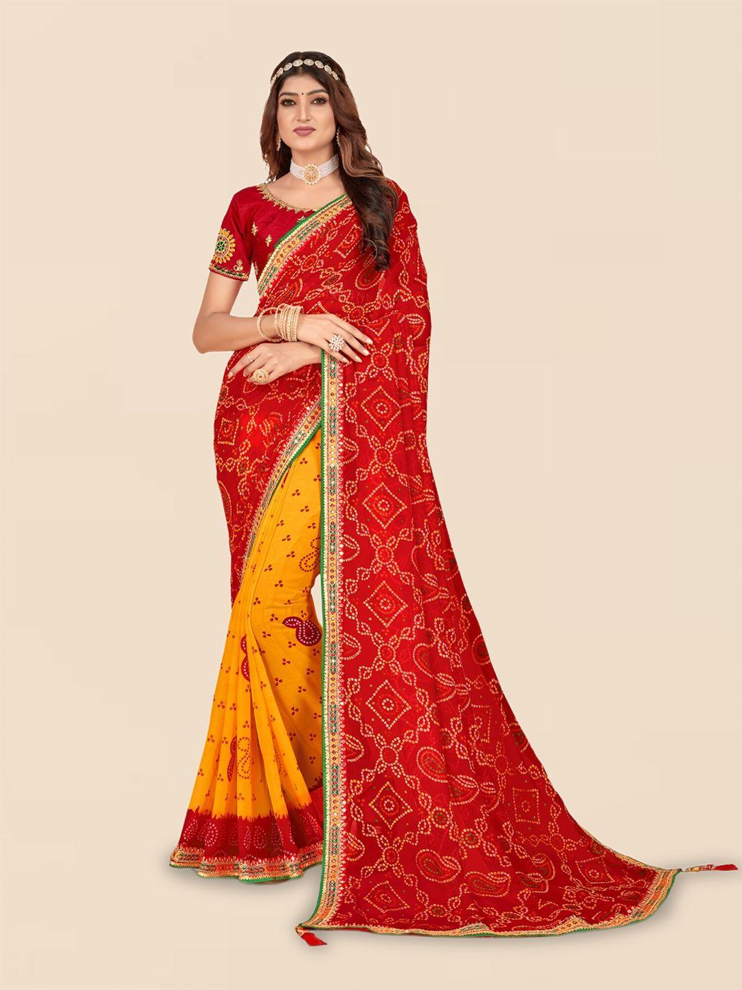 mitera yellow & red bandhani printed half and half bandhani saree