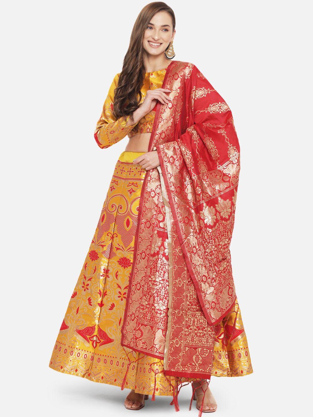 mitera yellow & red embroidered ready to wear lehenga & unstitched blouse with dupatta