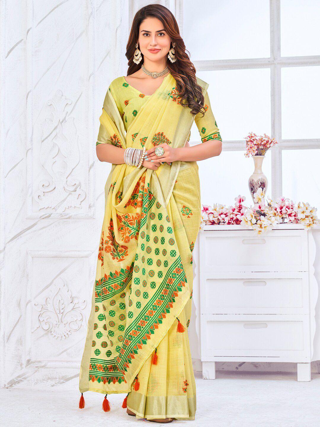 mitera yellow & red ethnic motifs woven design banarasi saree