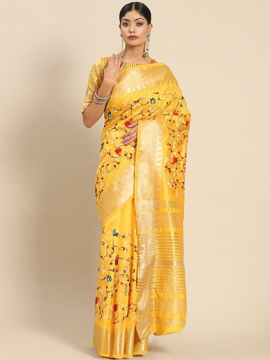 mitera yellow & red floral embroidered silk cotton saree
