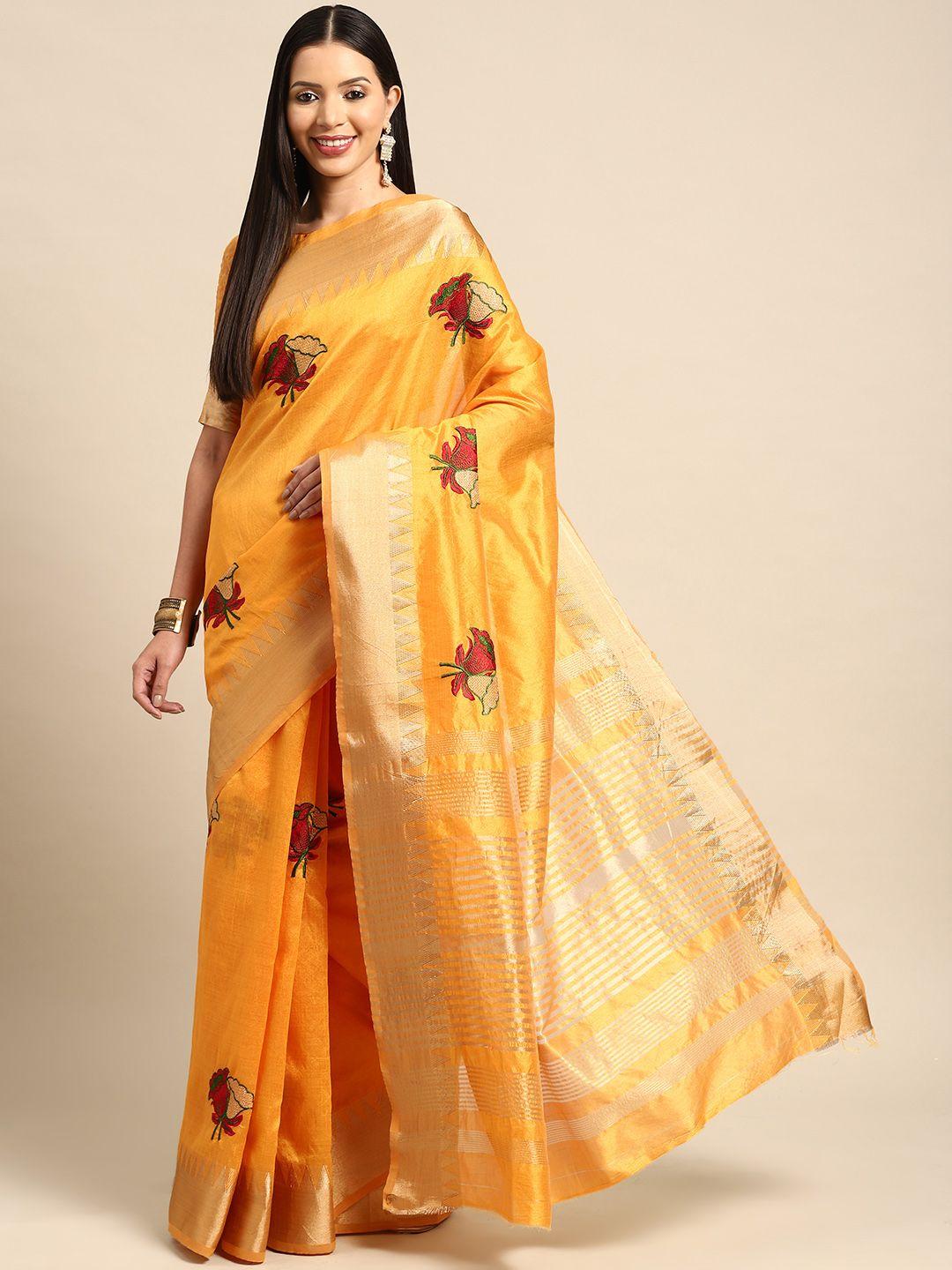 mitera yellow & red floral embroidered zari banarasi saree