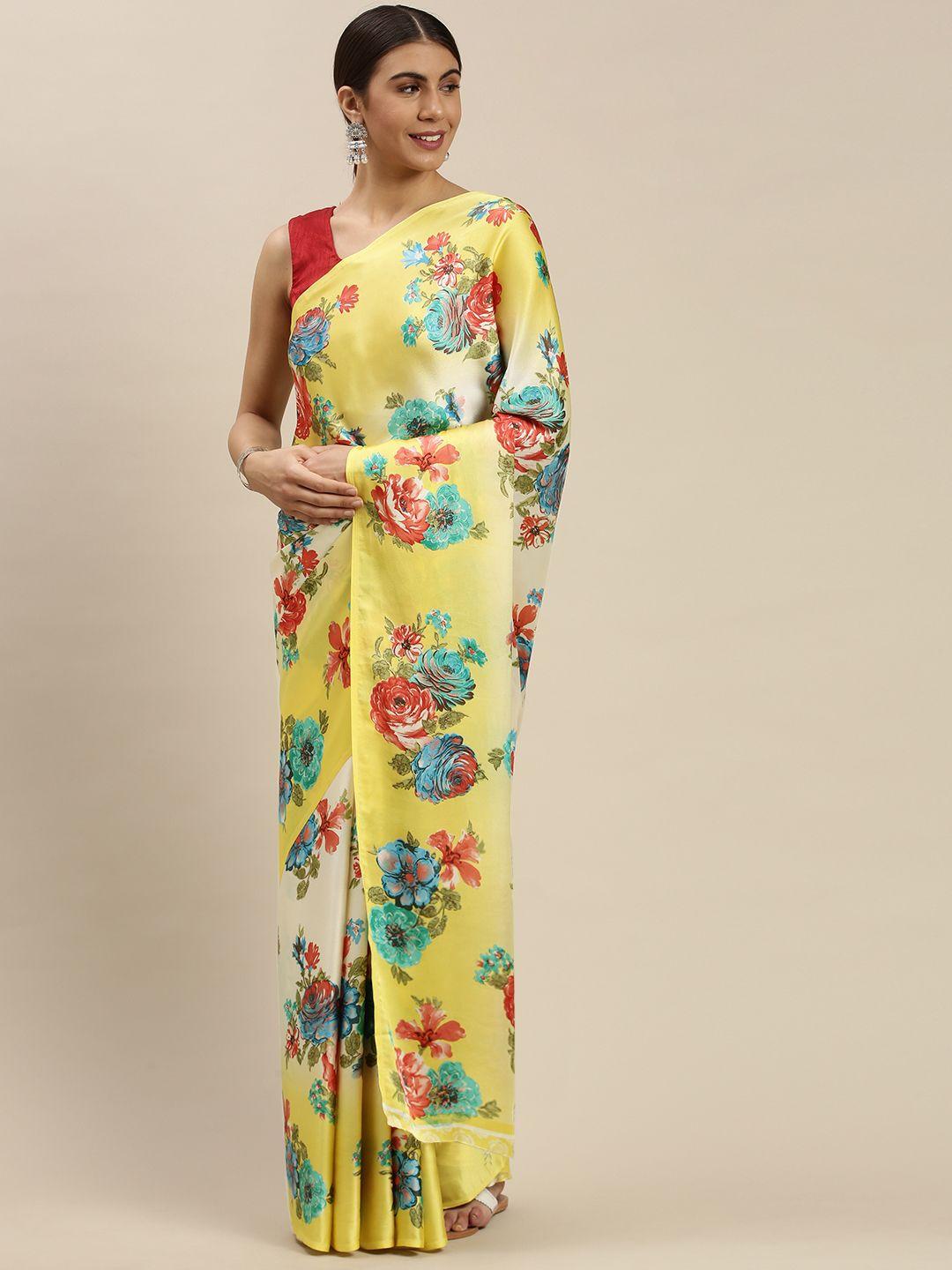 mitera yellow & red floral printed saree