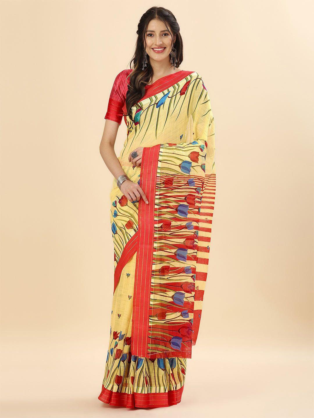 mitera yellow & red floral zari pure cotton banarasi saree