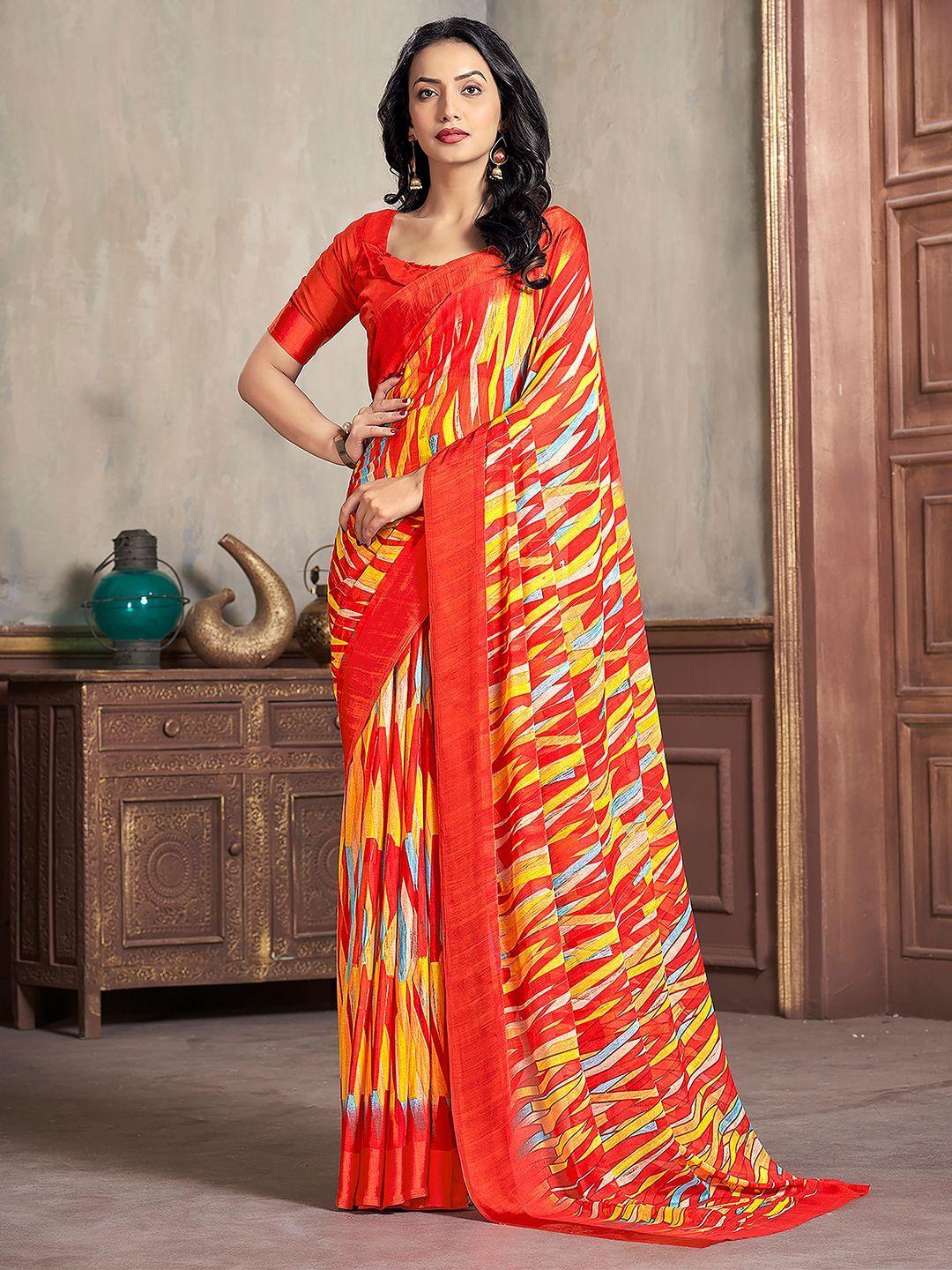 mitera yellow & red printed chiffon saree