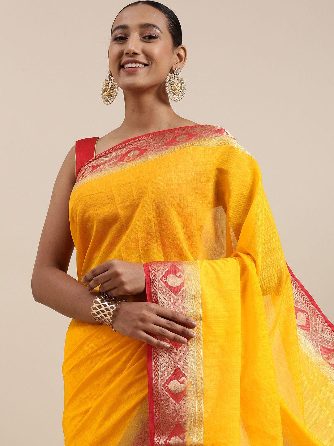 mitera yellow & red zari woven design saree