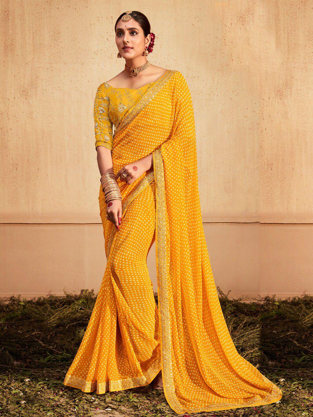 mitera yellow & white bandhani embroidered pure georgette bandhani saree