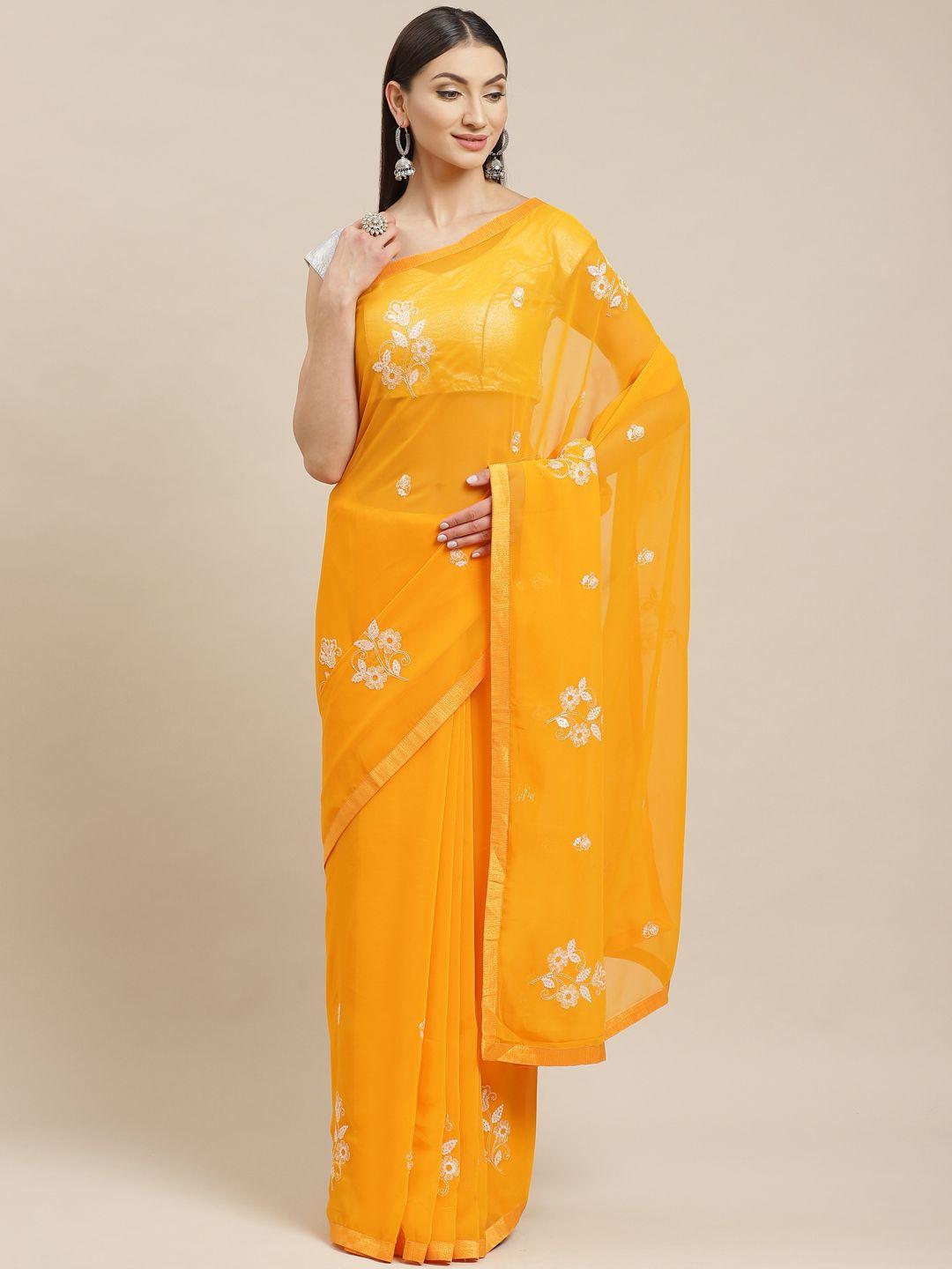 mitera yellow & white embroidered saree