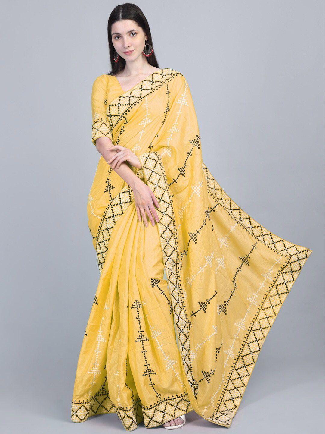 mitera yellow & white ethnic motifs embroidered silk cotton saree
