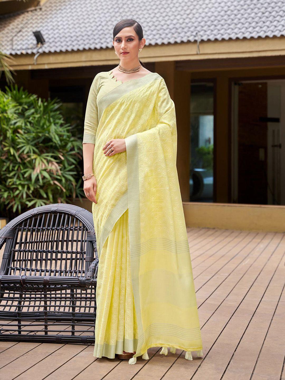 mitera yellow & white floral embroidered zari pure linen banarasi saree