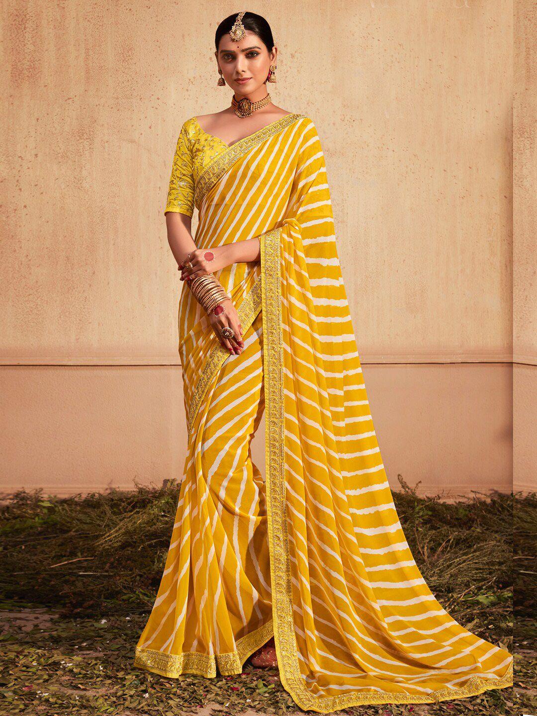 mitera yellow & white leheriya embroidered pure georgette leheriya saree