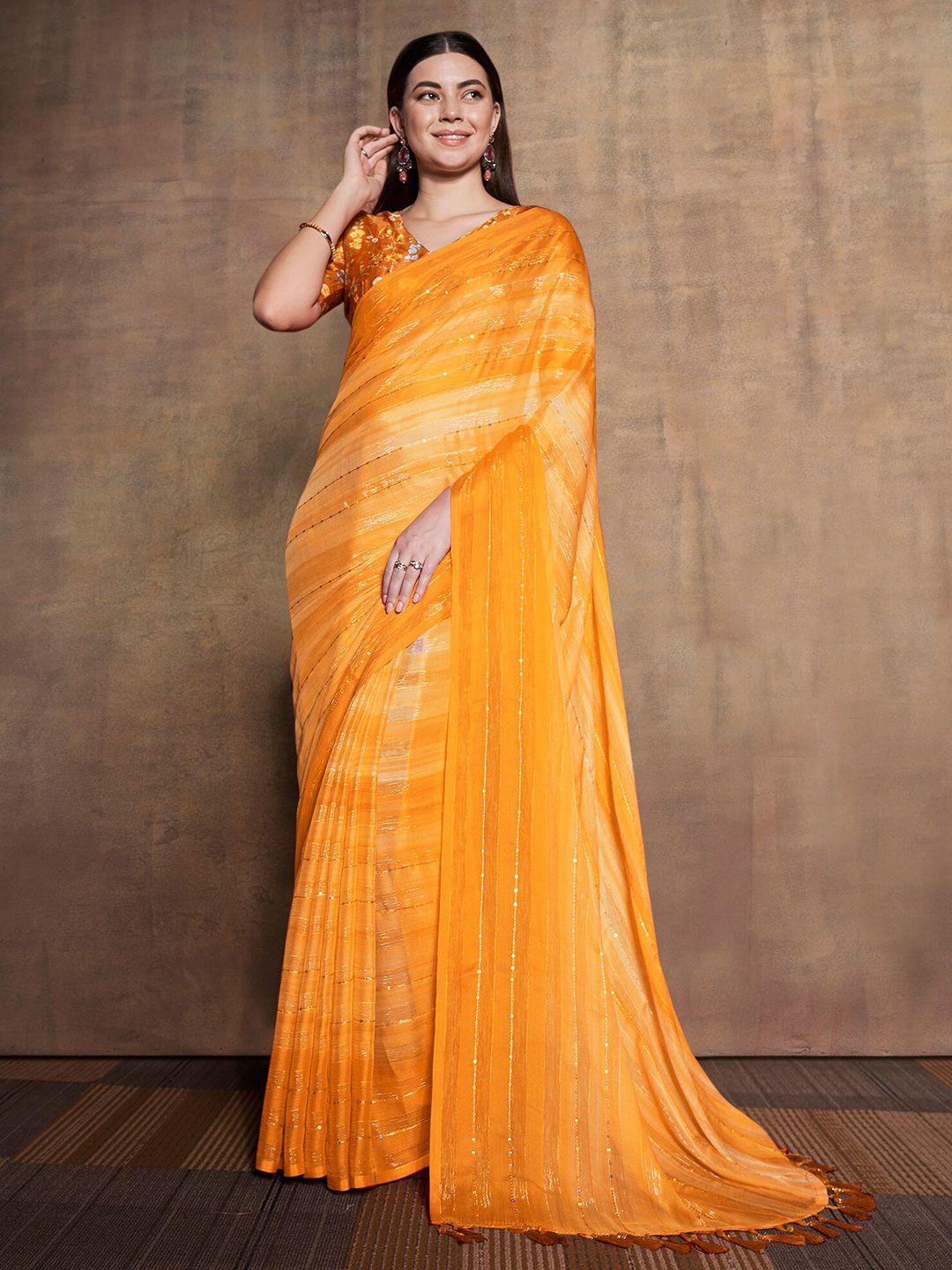 mitera yellow & white sequinned embellished pure chiffon saree