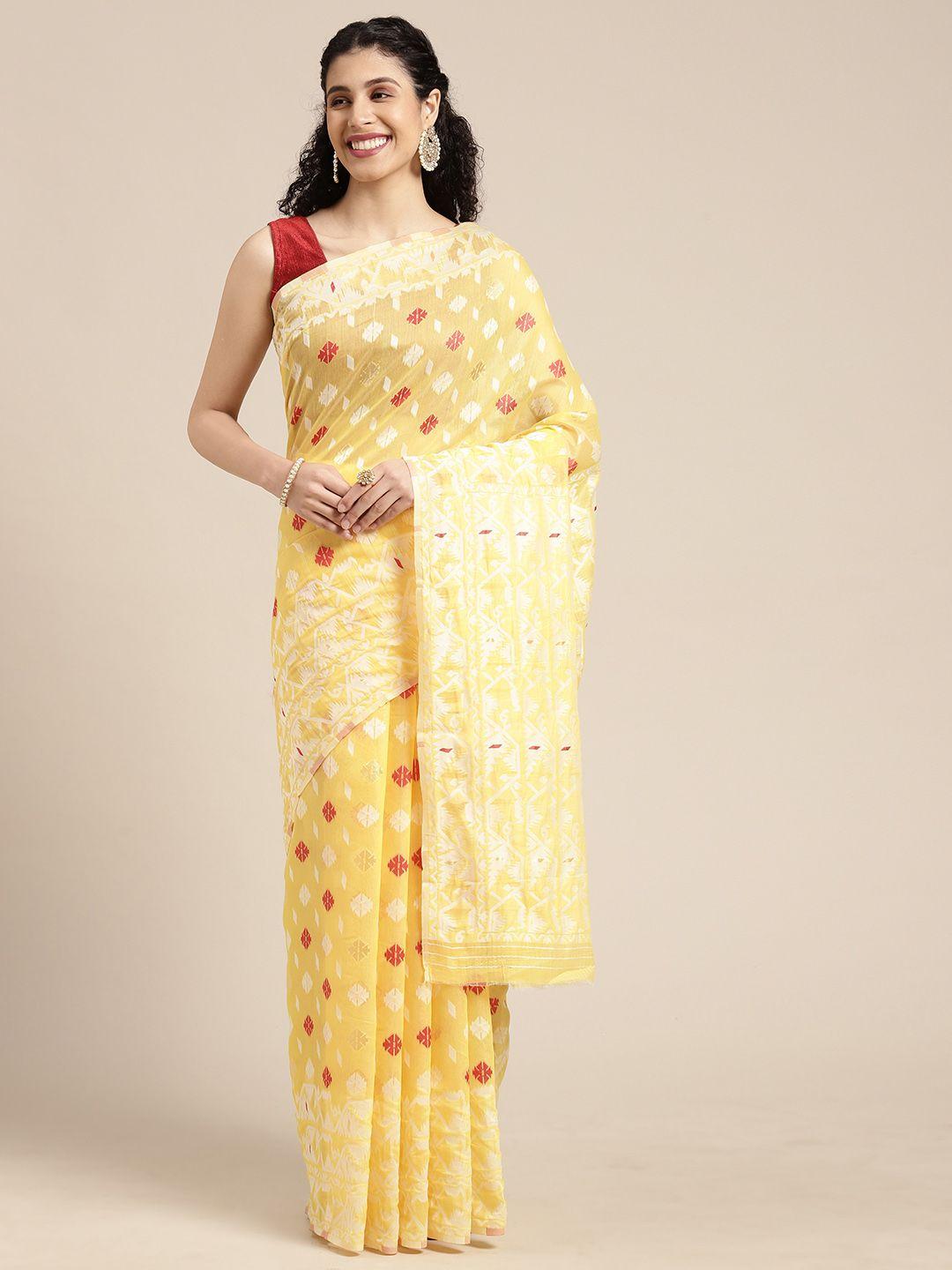 mitera yellow & white woven design jamdani saree