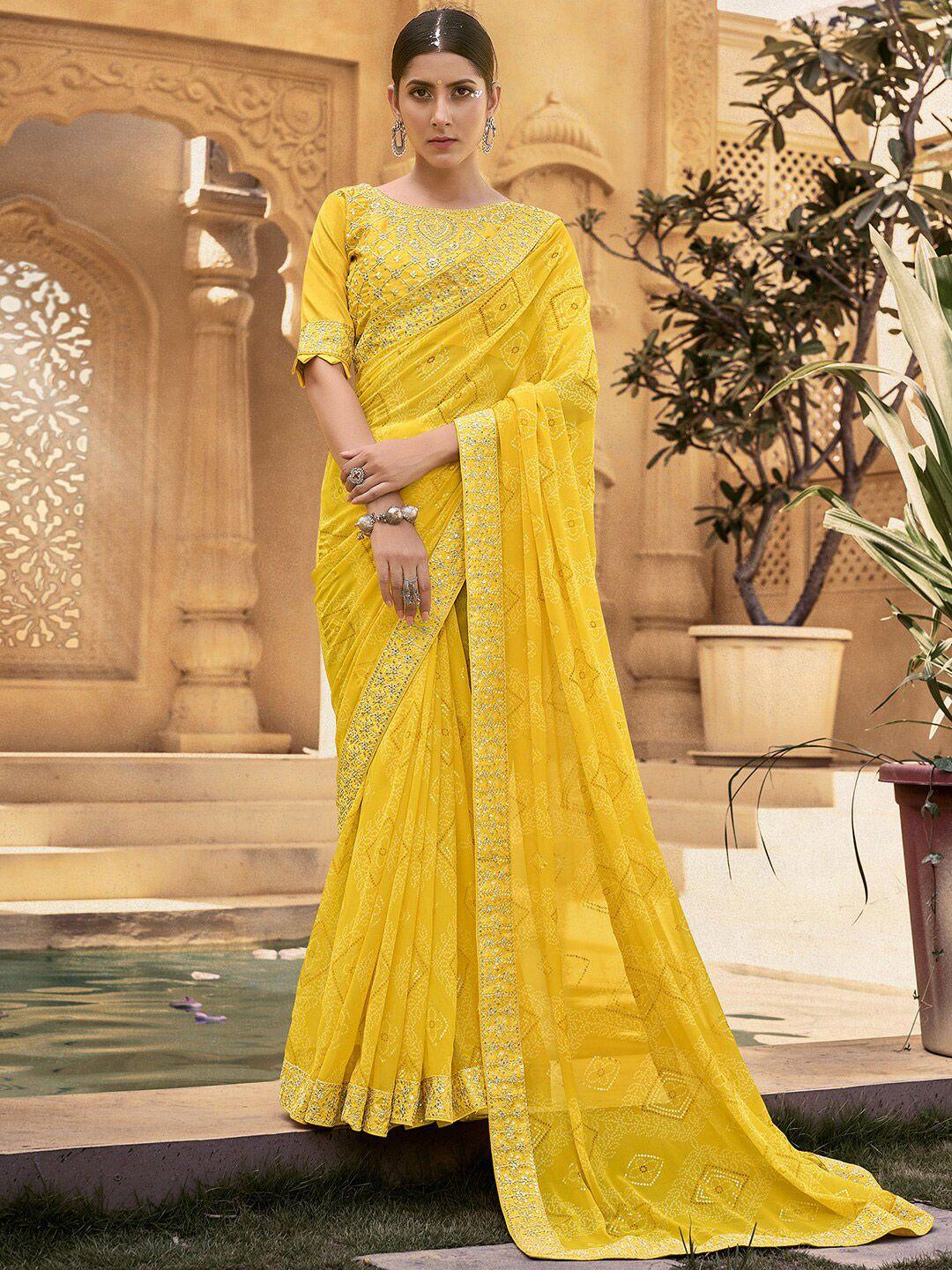 mitera yellow bandhani embroidered pure georgette bandhani saree