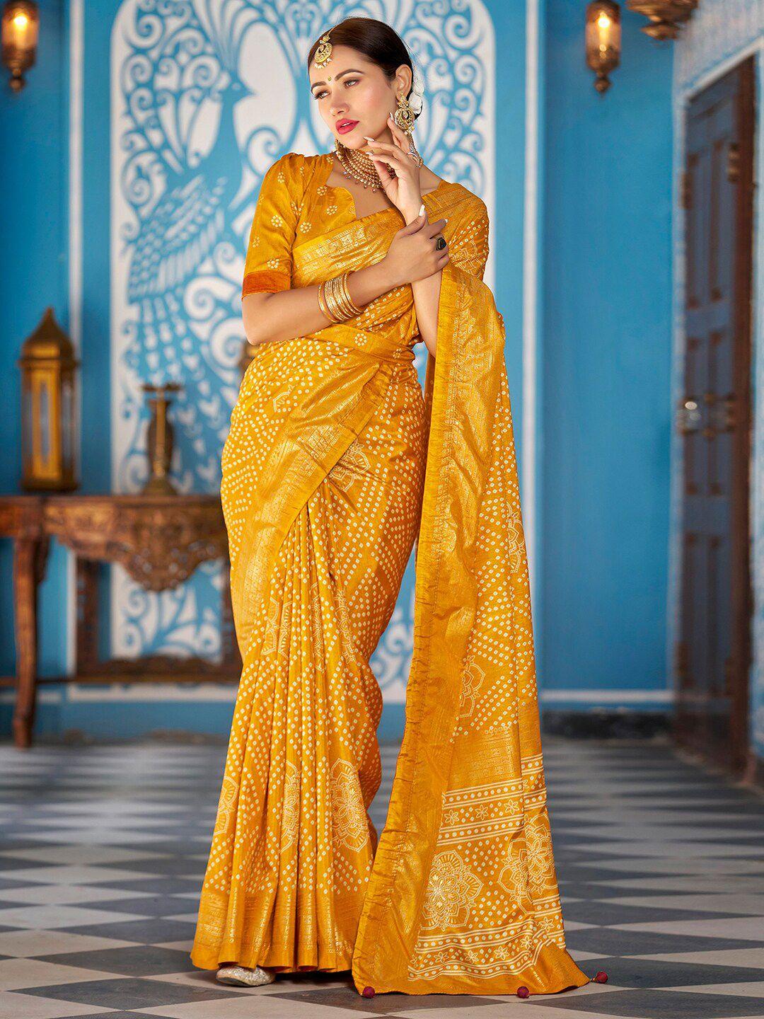 mitera yellow bandhani printed zari art silk bandhani saree