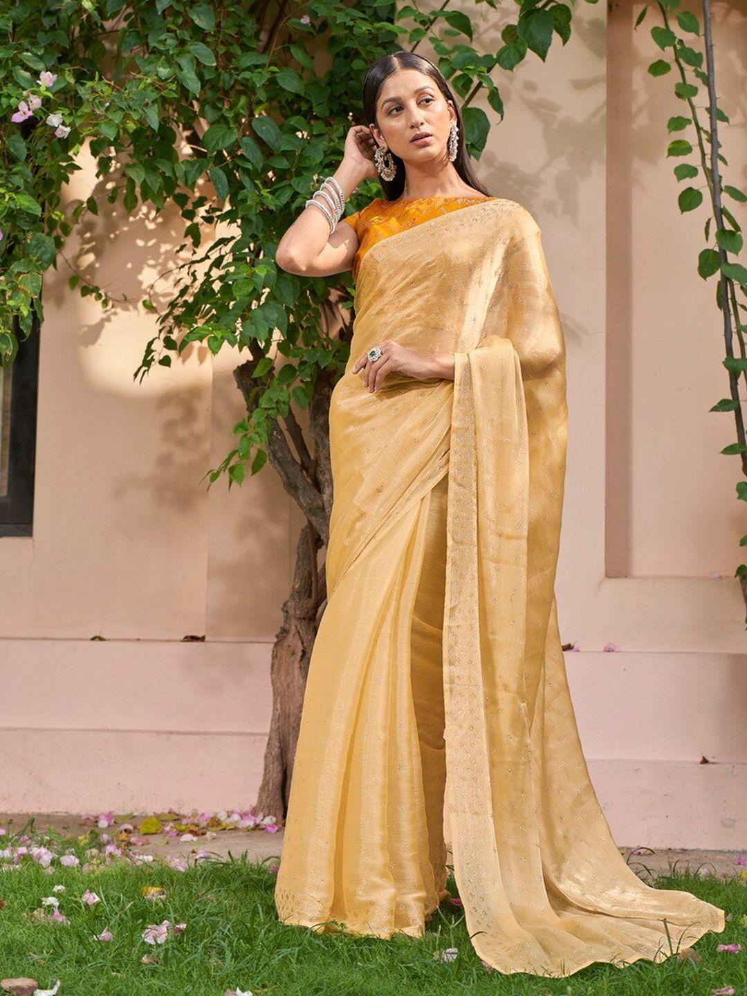 mitera yellow embellished beads & stones pure chiffon saree