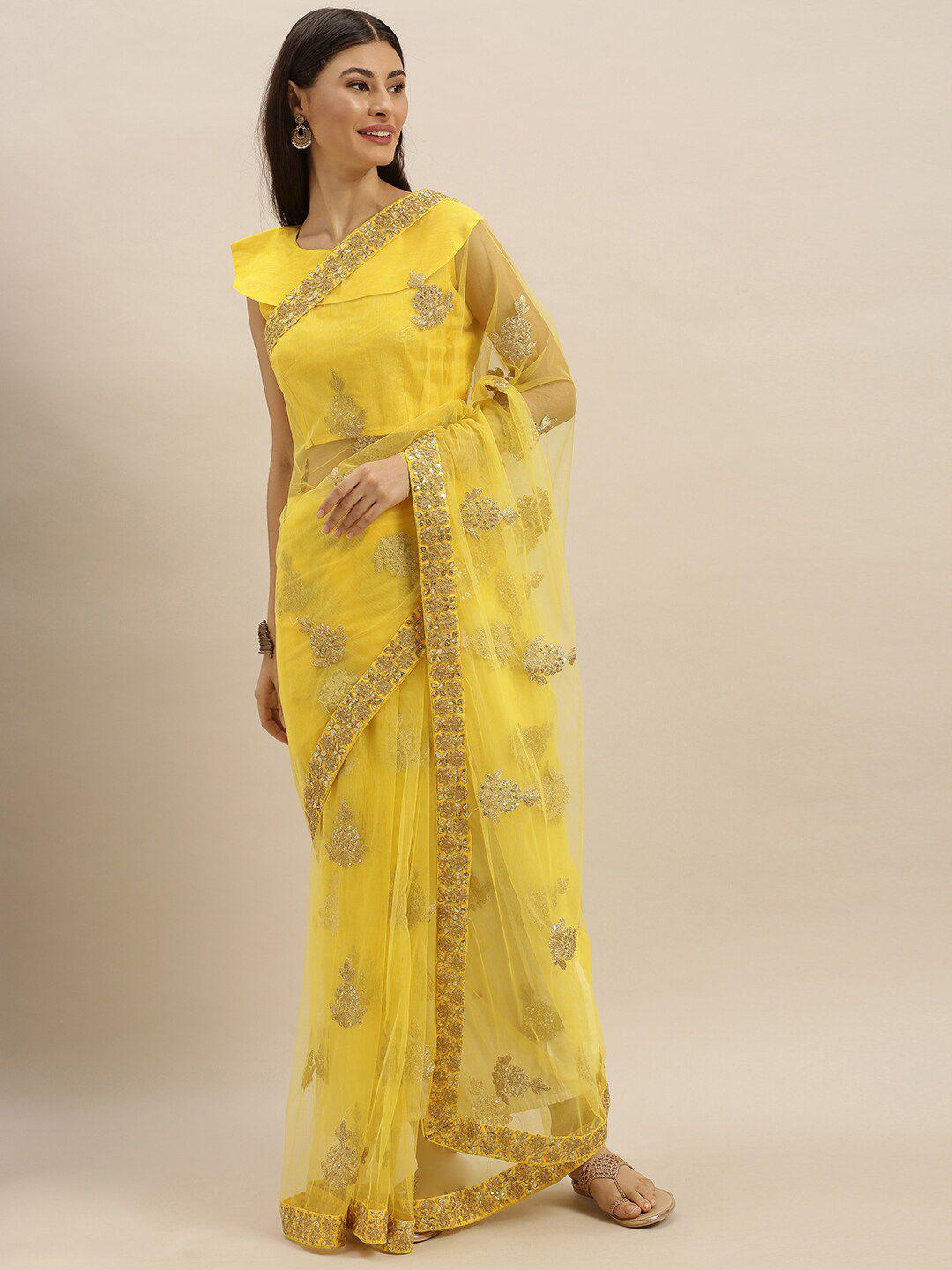 mitera yellow embroidered poly georgette saree