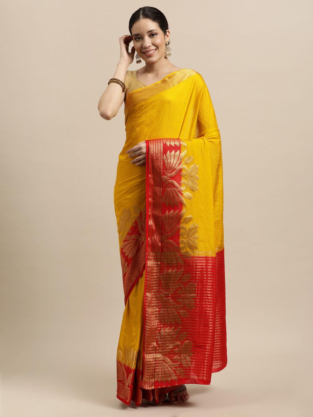 mitera yellow ethnic motifs linen blend kanjeevaram saree