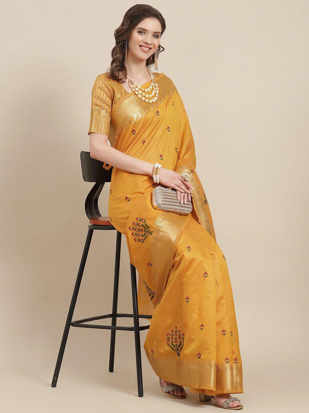 mitera yellow ethnic motifs zari silk cotton banarasi saree