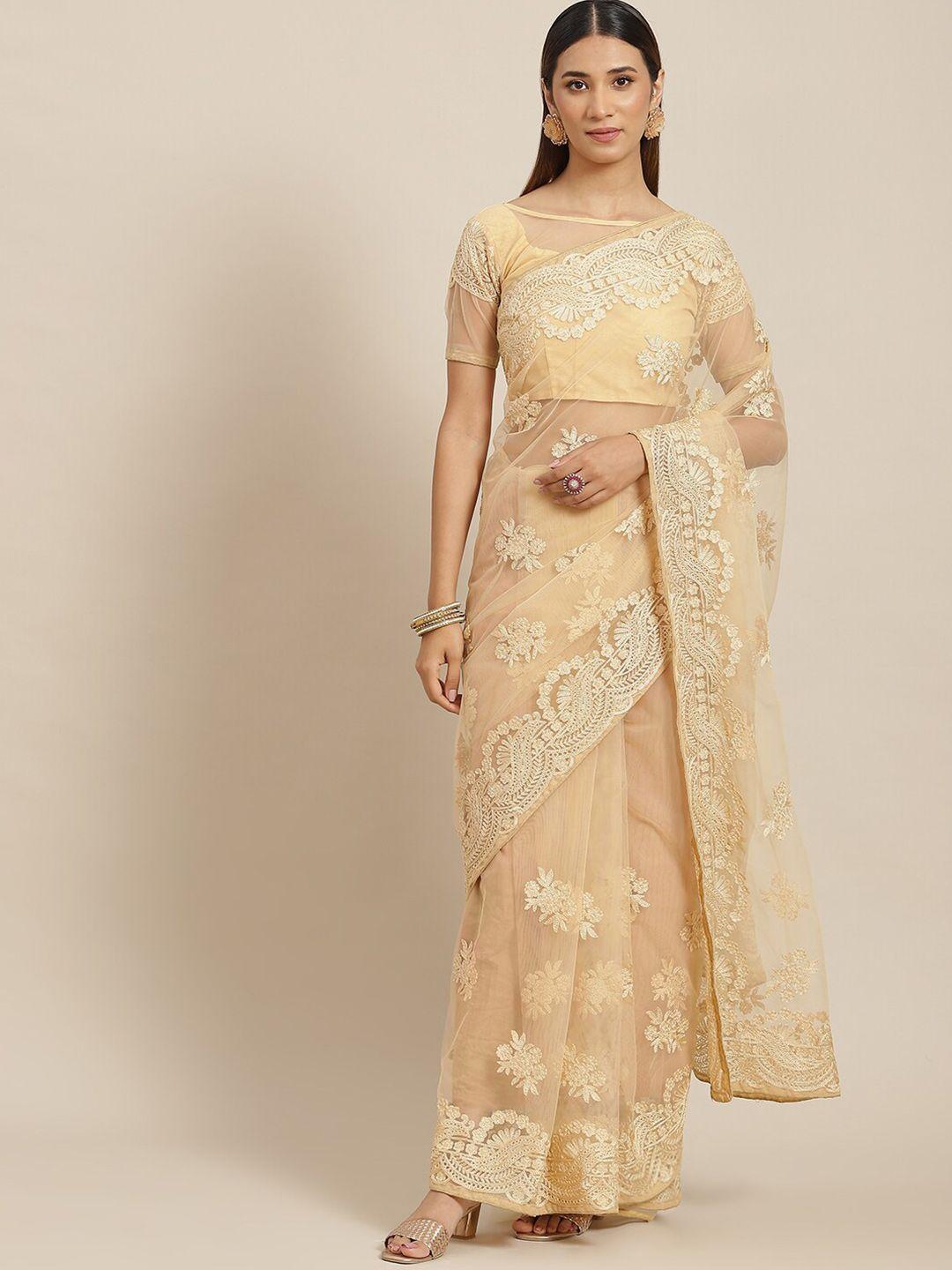 mitera yellow floral embroidered net saree