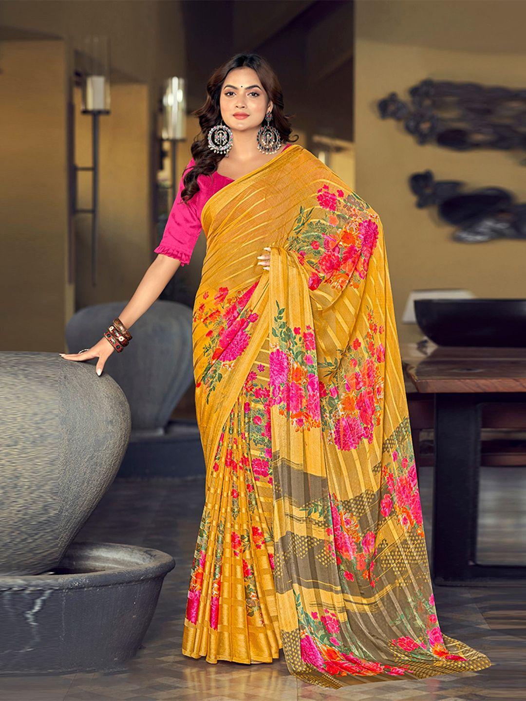 mitera yellow floral printed satin saree