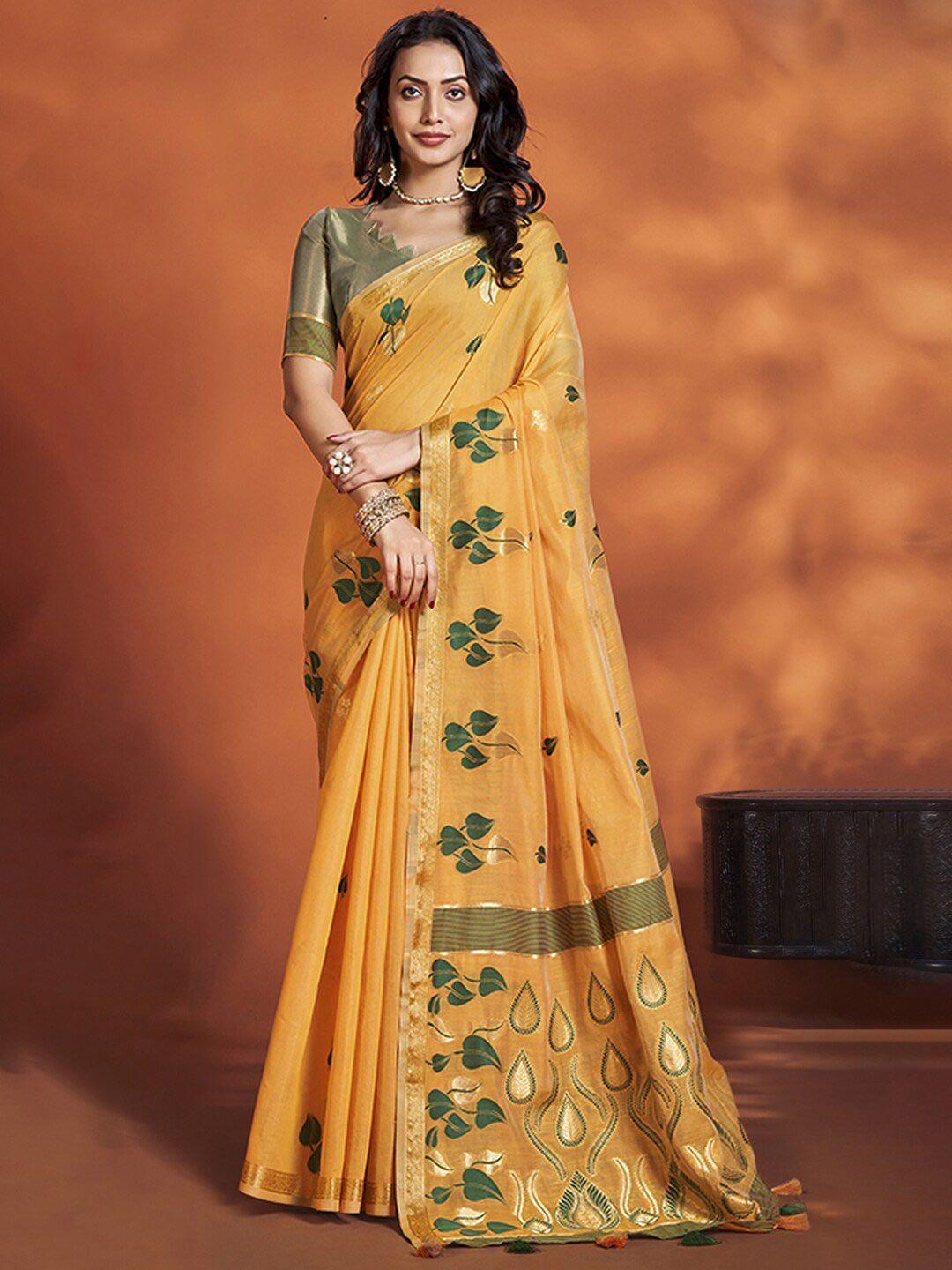 mitera yellow floral zari designer banarasi saree