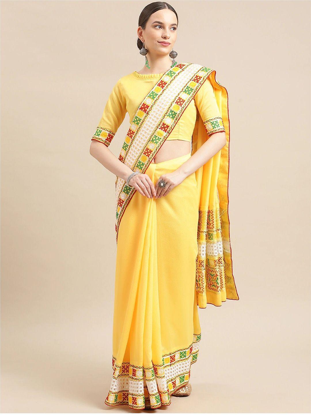 mitera yellow geometric kutchi embroidered silk blend saree