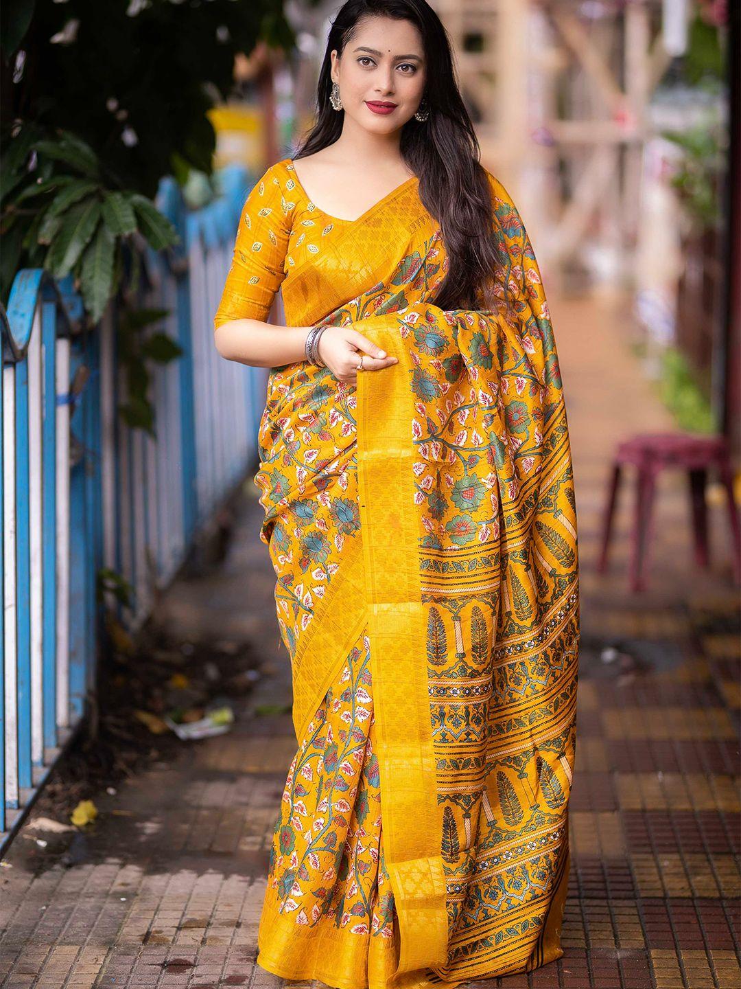 mitera yellow kalamkari printed zari woven design saree