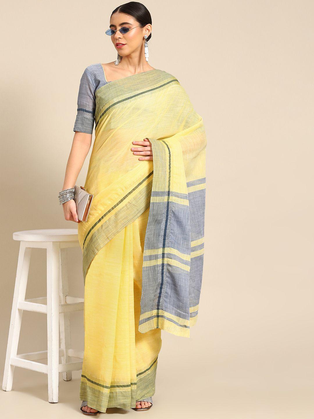 mitera yellow linen cotton saree