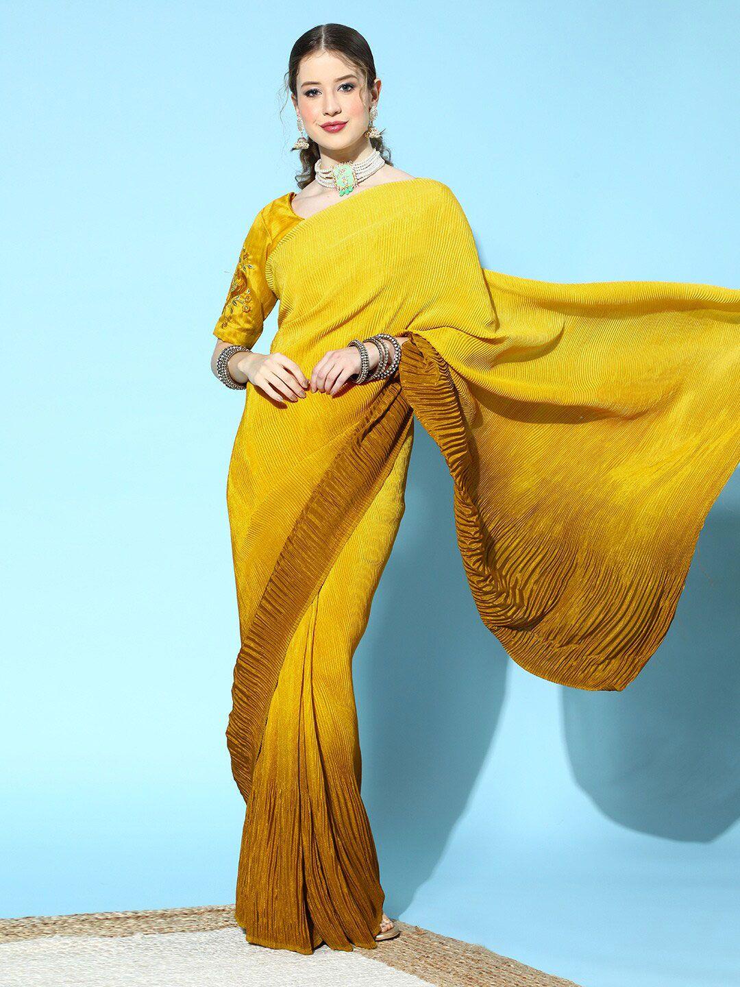 mitera yellow ombre silk blend pleated saree