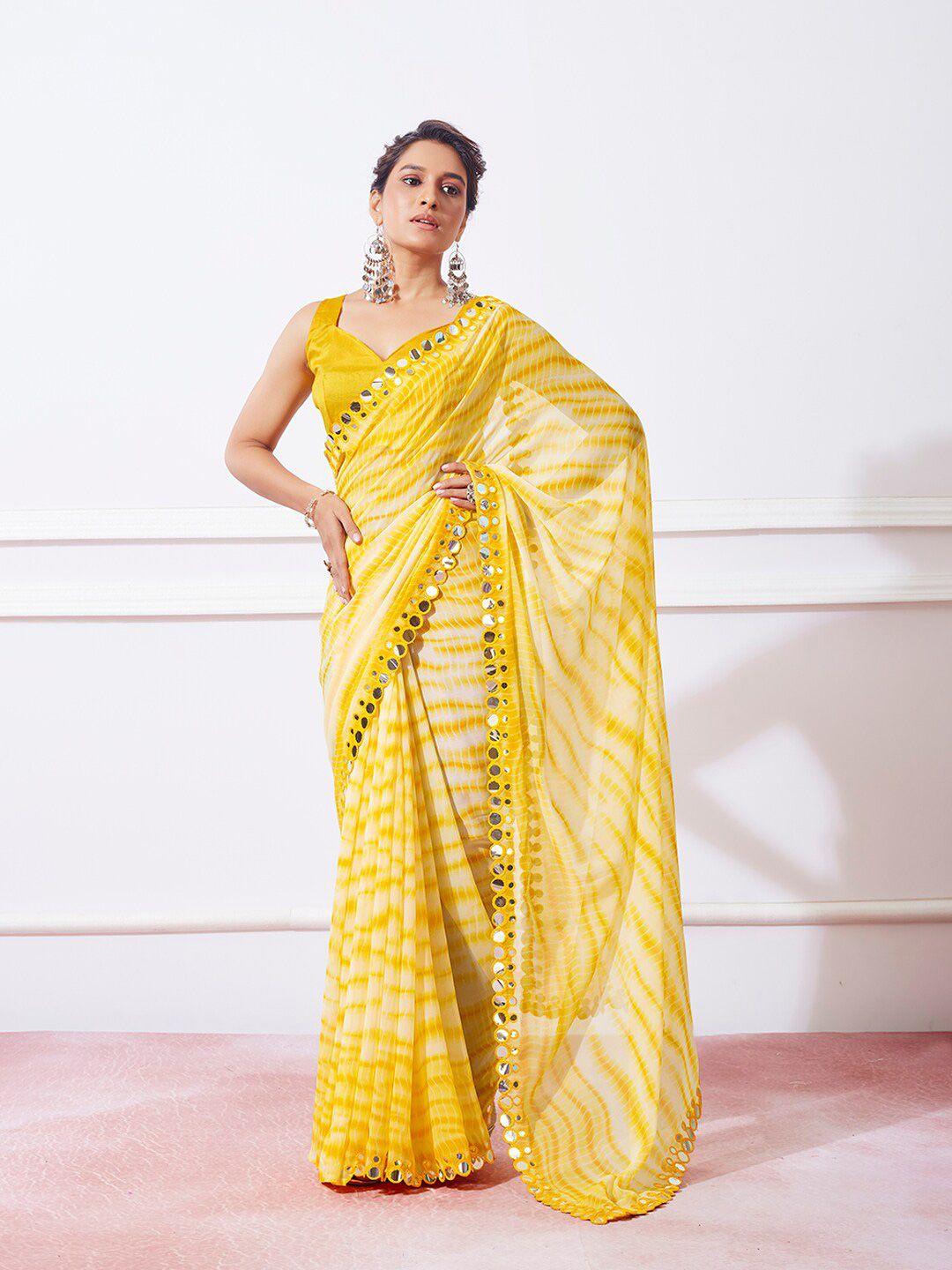 mitera yellow striped mirror work pure georgette designer saree