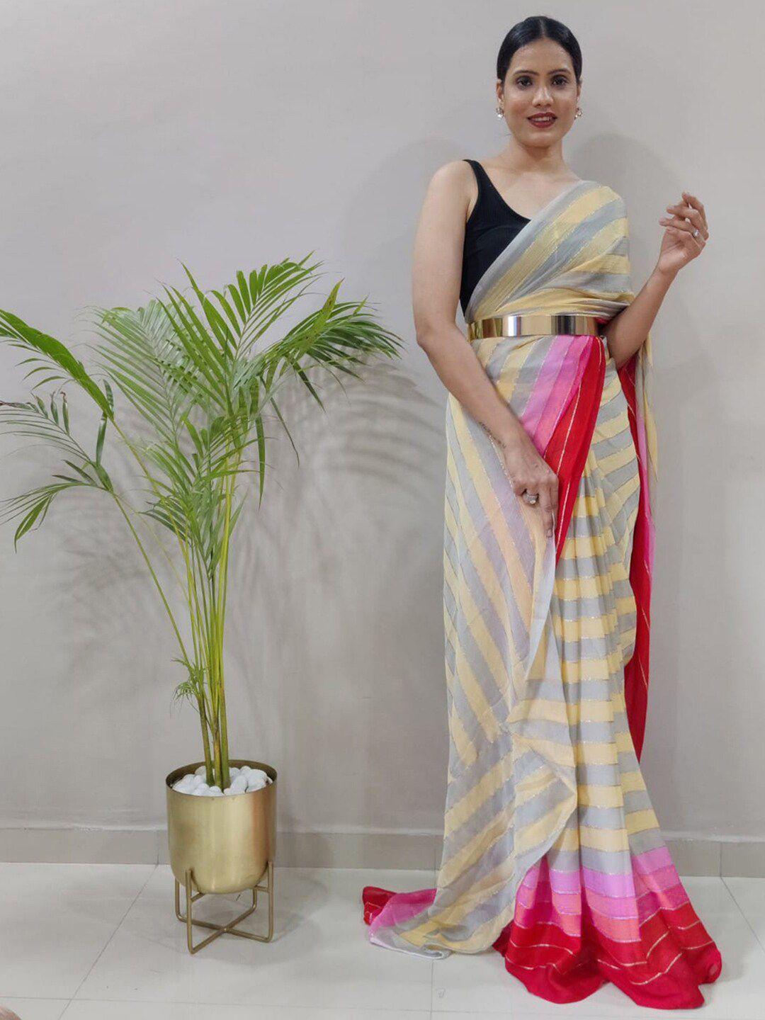 mitera yellow striped poly chiffon saree