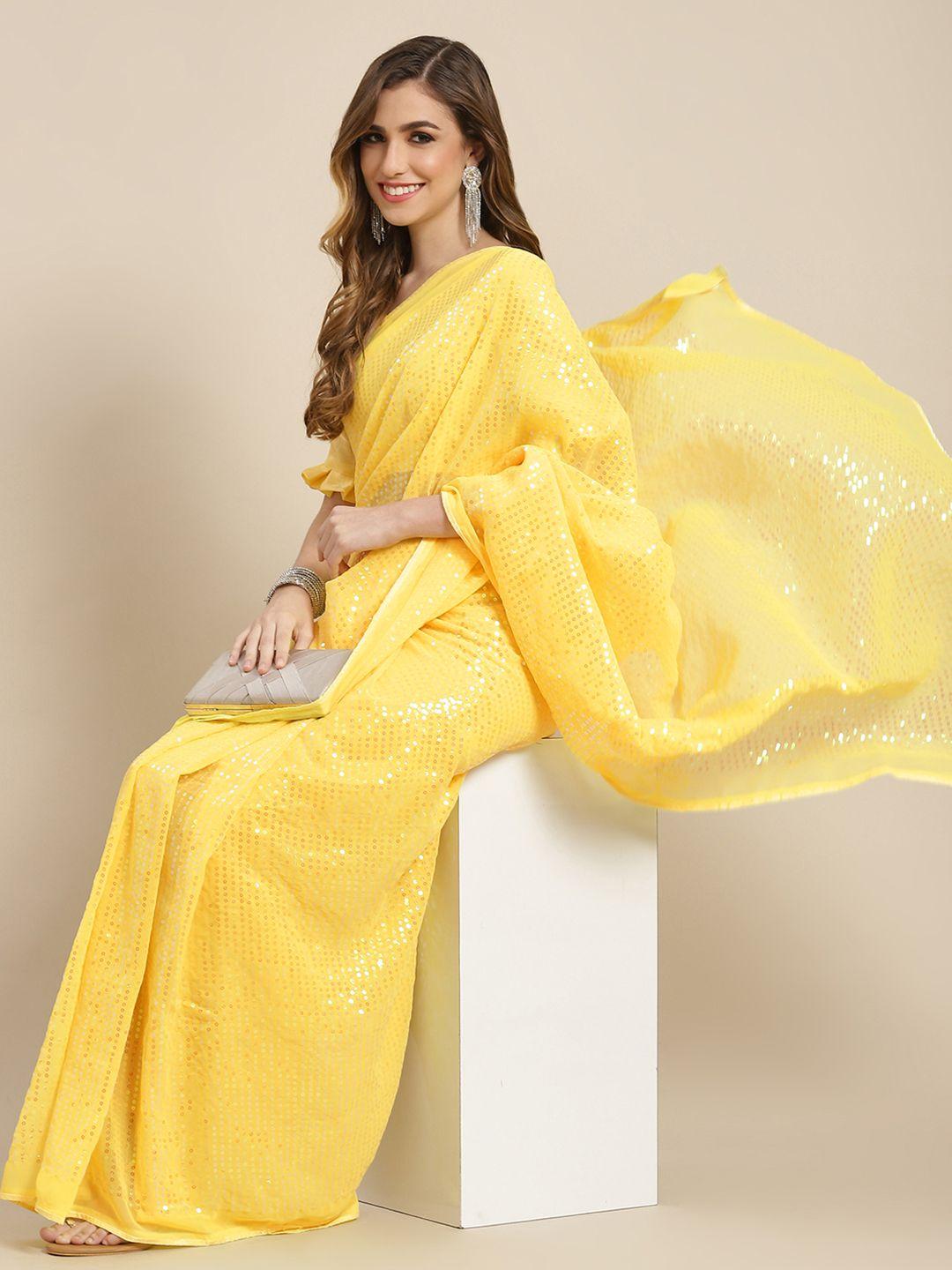 mitera yellow striped sequinned pure georgette heavy work saree