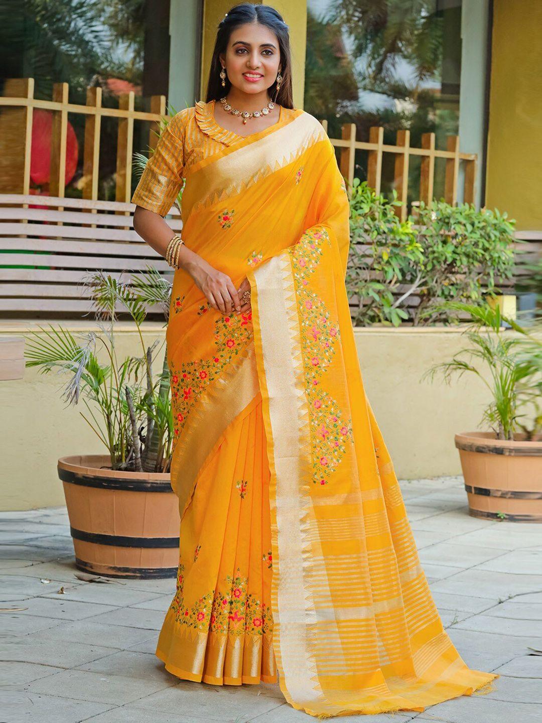 mitera yellow woven design embroidered silk cotton designer banarasi saree