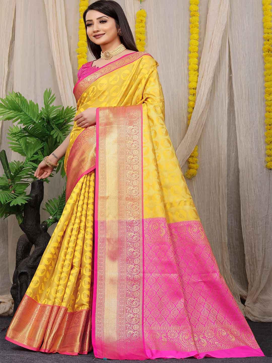 mitera yelow & pink ethnic motifs art silk saree