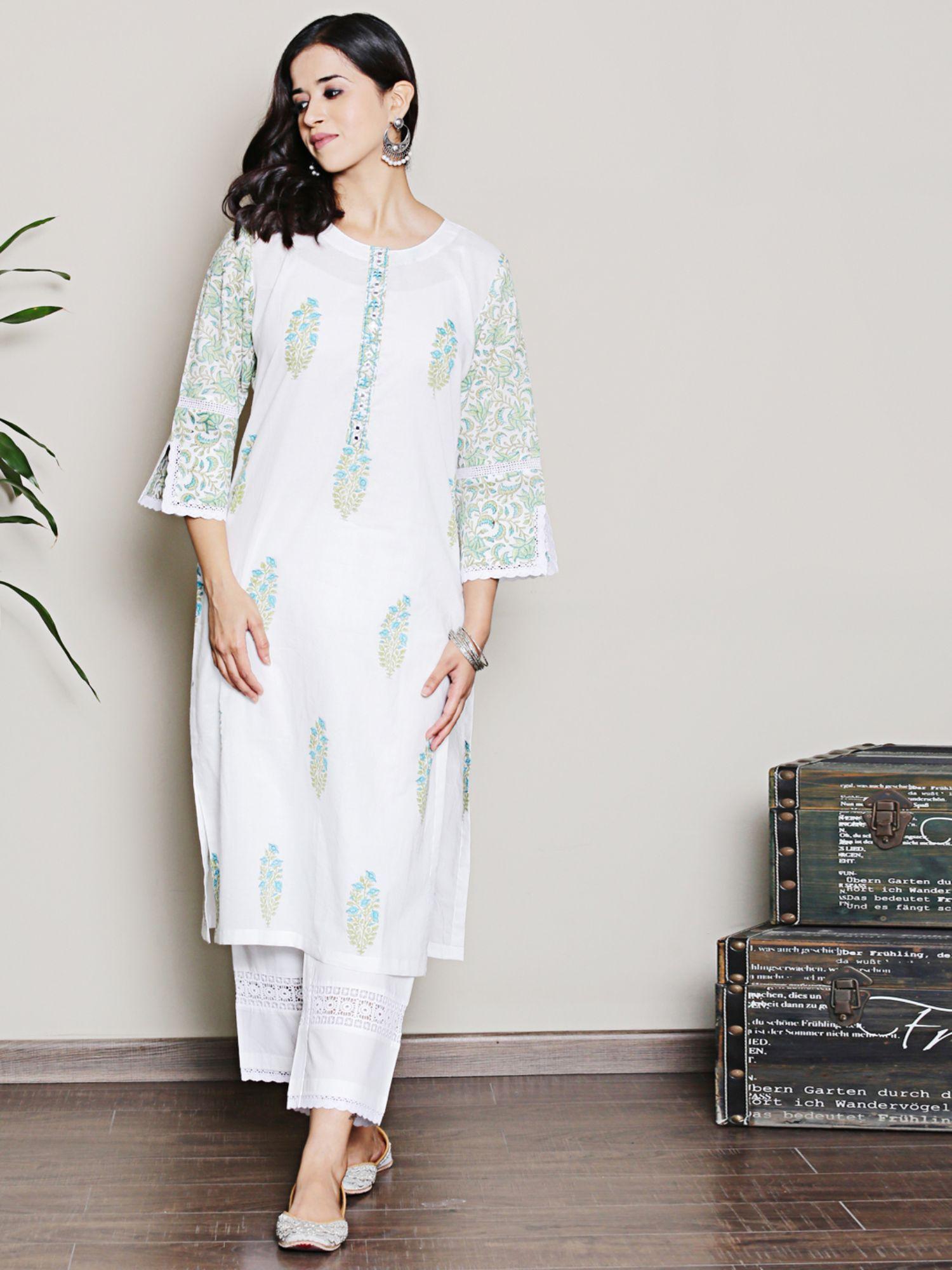 mix-n-match white-blue mughal print kurta with pant (set of 2)