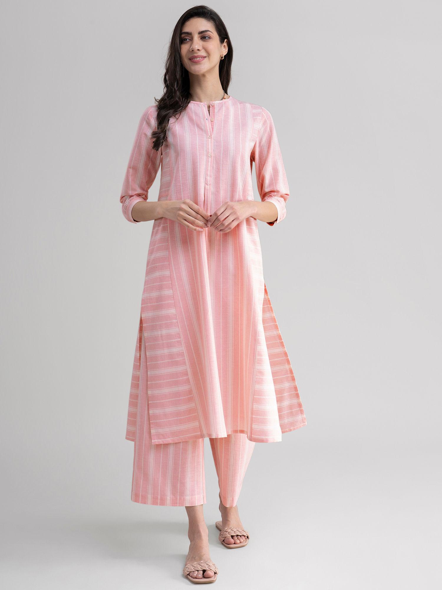 mix of stripes kurta set - pink and white (set of 2)