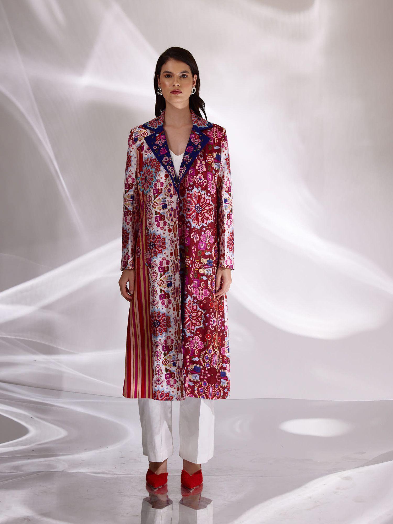 mix print hand embroidered long trench in handloom organic cotton and banana silk