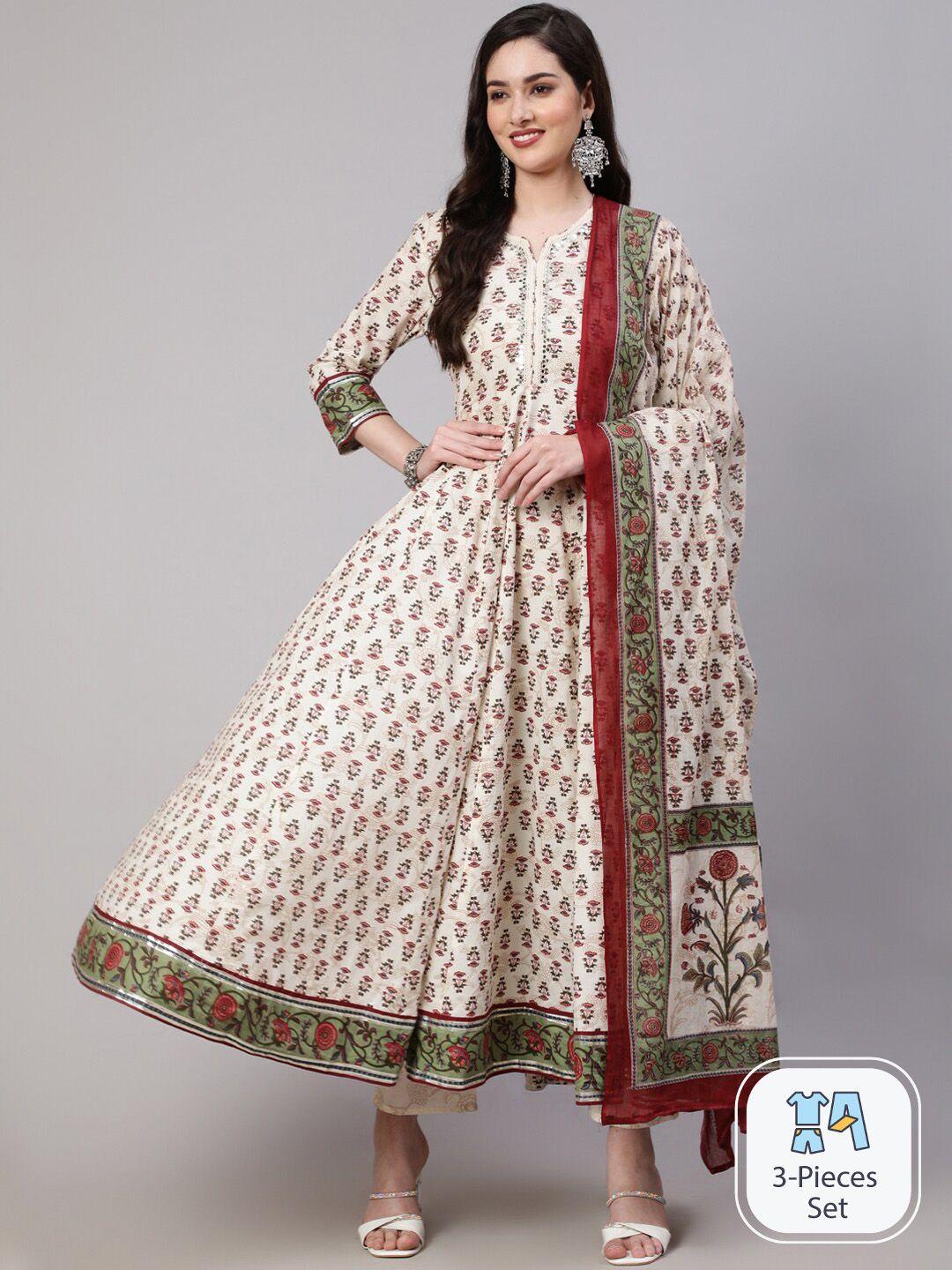 mizaz ethnic motifs printed pure cotton mirror work a-line kurta & trousers with dupatta